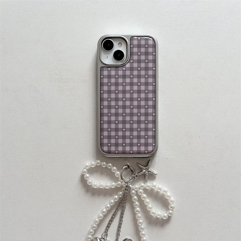 Y2K Phone Accessories - Pink Purple Heart-Shaped Checkered Korean ins